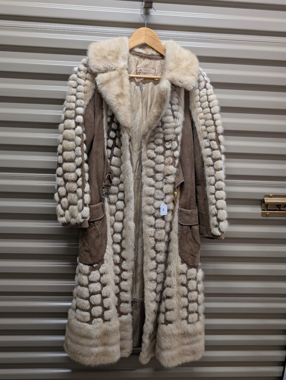 Long Shearling Trench Coat with Fur Trim - Cream Taupe
